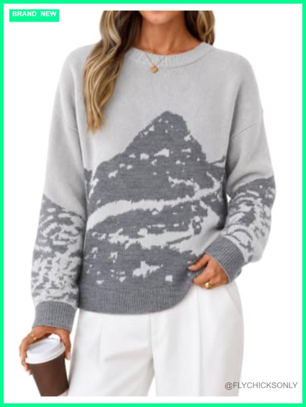 Oversized Graphic Mountain Print Crewneck Pullover Sweater Loose Knit Fall